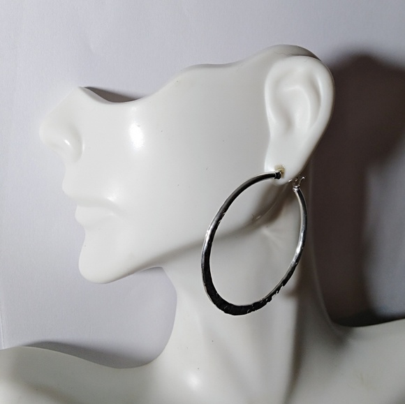 Large hammered hoop Sterling Silver earrings - Picture 2 of 2